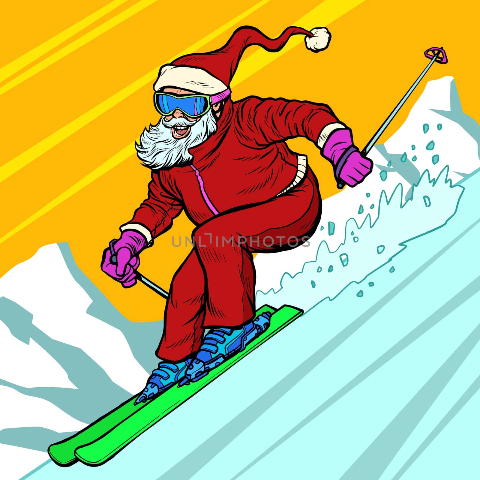 Skier day rides from the mountain Santa Claus character merry Christmas and happy new year. Pop art retro vector illustration vintage kitsch drawing 50s 60s
