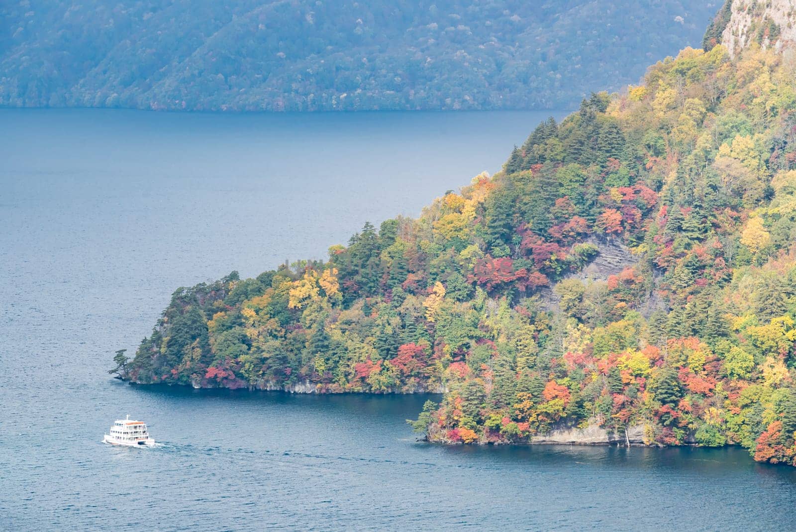 aerial view of Autumn fall mountain with Lake towada in Aomori Tohoku Japan