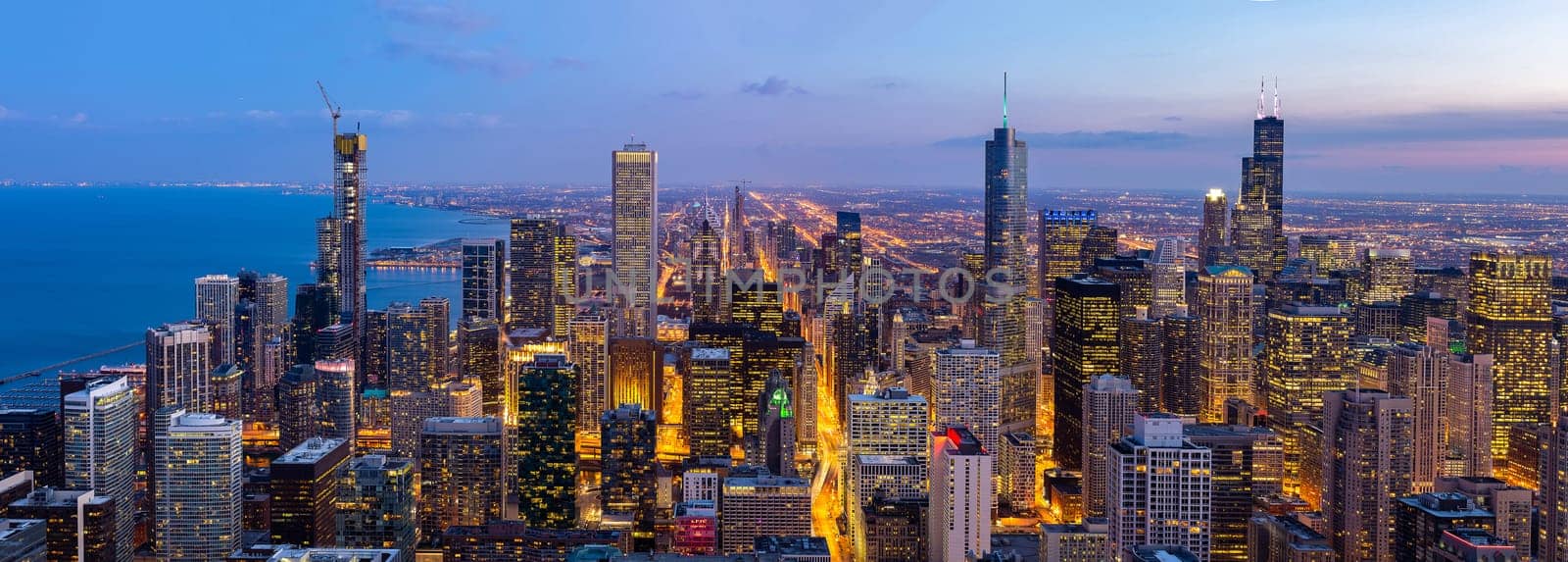 Panorama Aerial view of Chicago Skylines building at Chicago downtown in Chicago City Illinois USA. Looking to the south of Chicago.