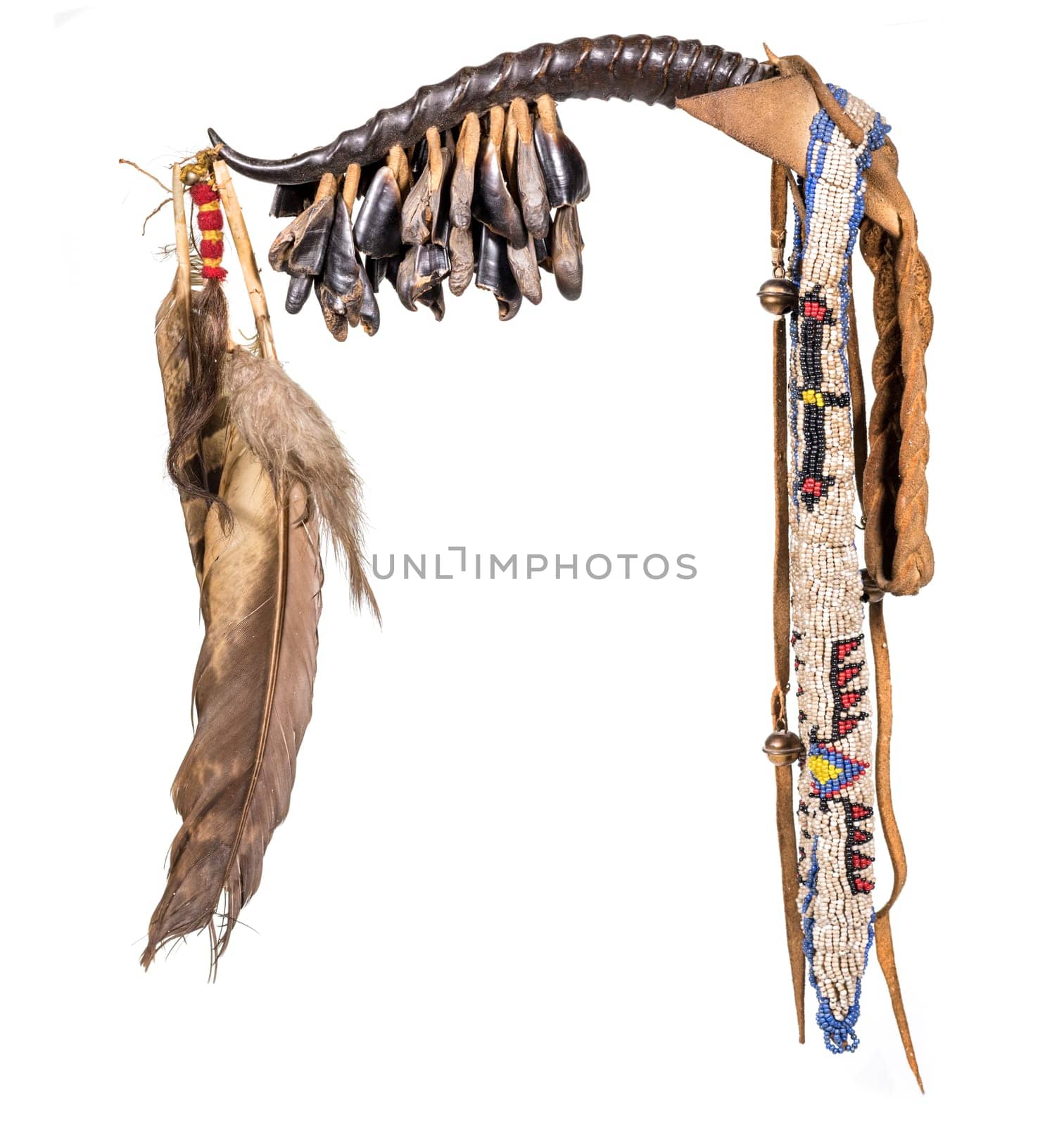 Dance rattle of the North American Indian horn with deer hooves and feathers isolated on white