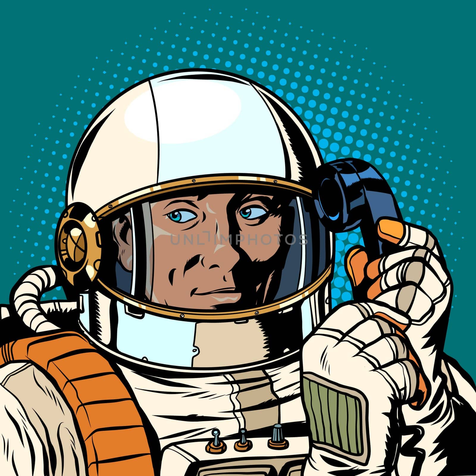 serious astronaut talking on a retro phone. Pop art retro vector illustration drawing
