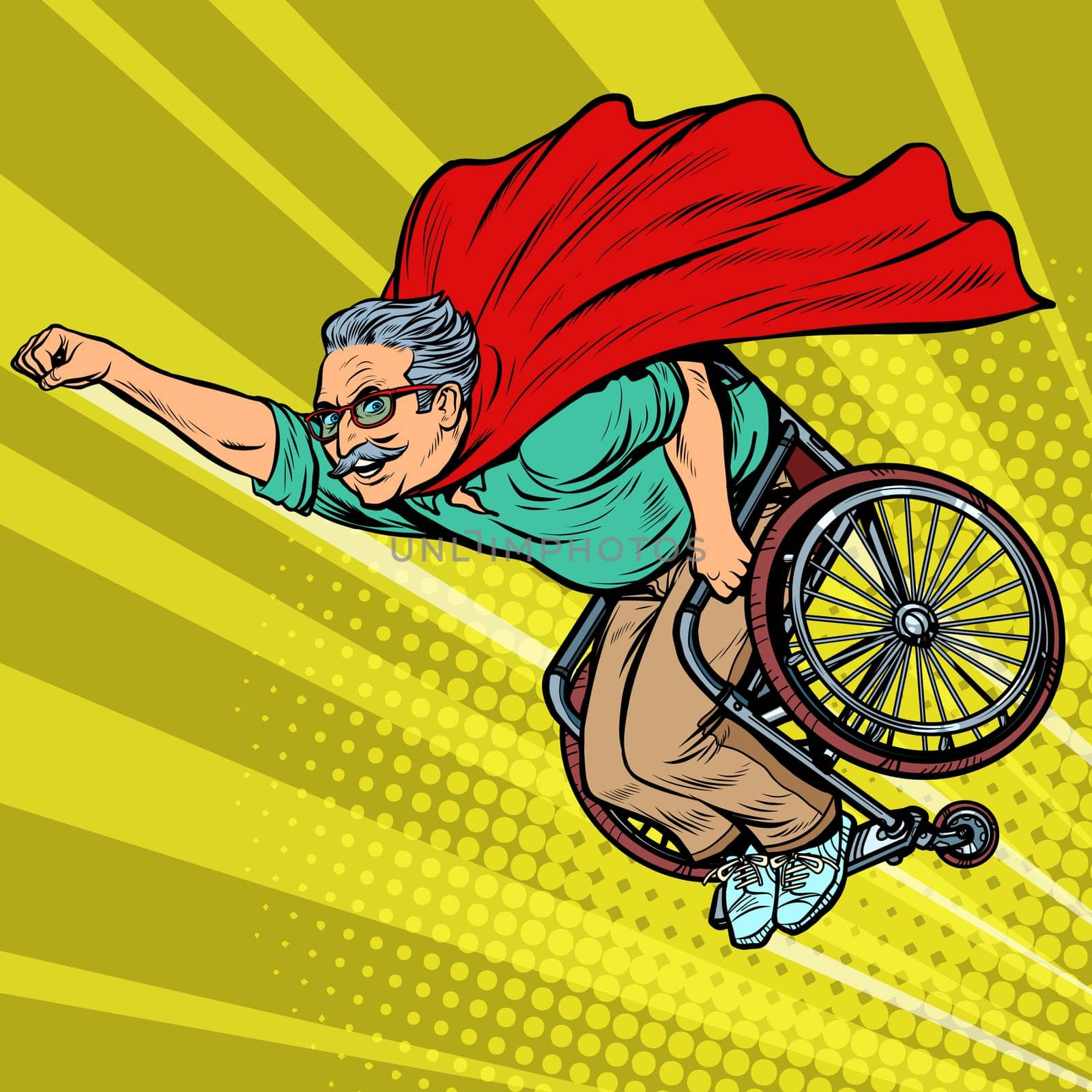 man retired superhero disabled in a wheelchair. Health and longevity of older people. Pop art retro vector illustration drawing vintage kitsch