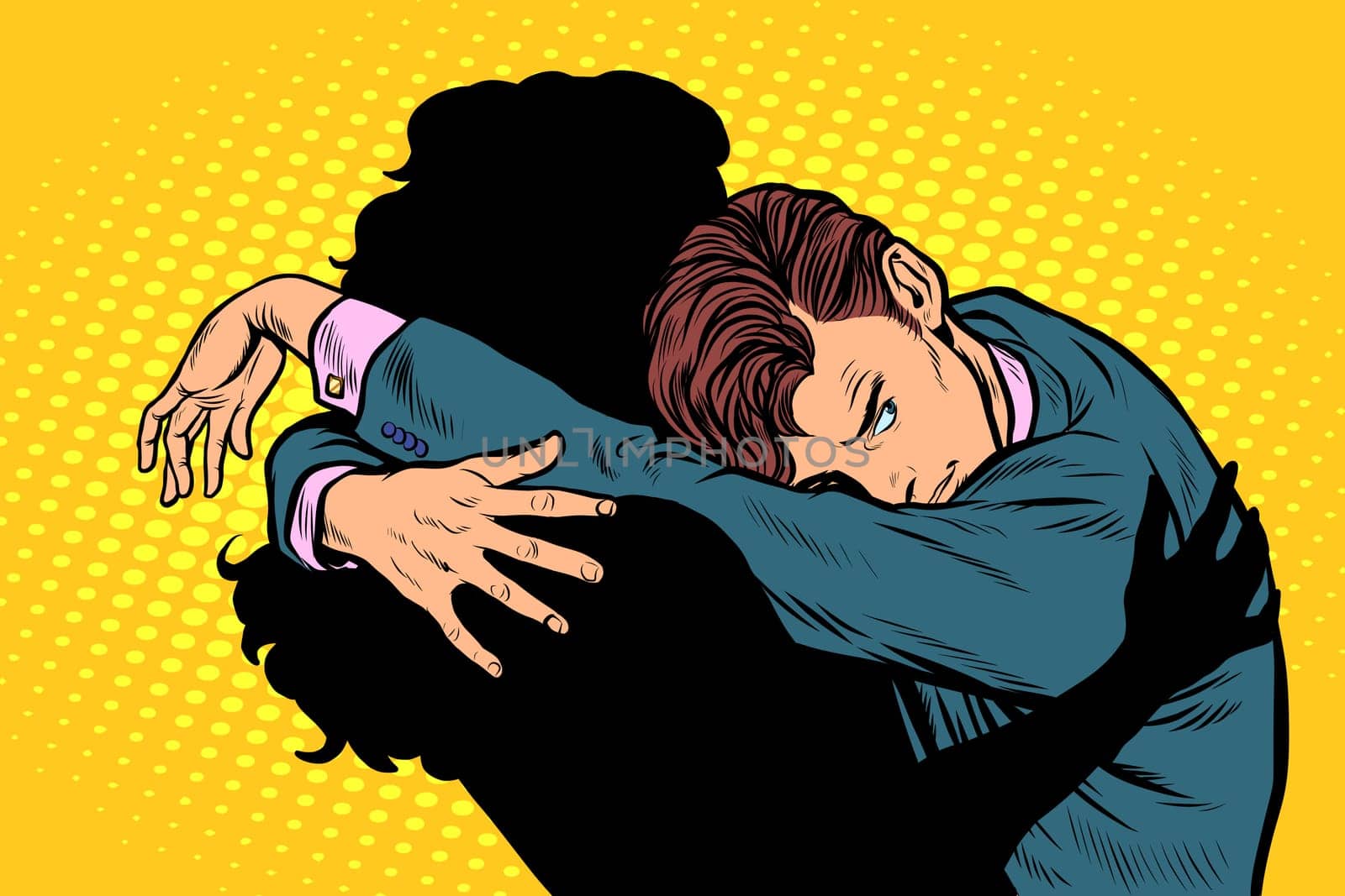 A man dreams of a woman's embrace and love. Pop art retro vector illustration drawing