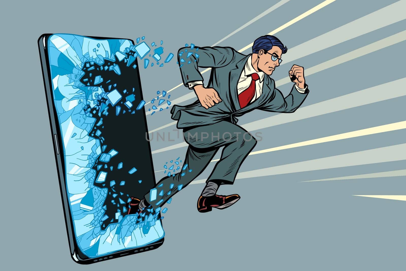 businessman punches the screen Phone gadget smartphone. Online Internet application service program. Pop art retro vector illustration drawing vintage kitsch