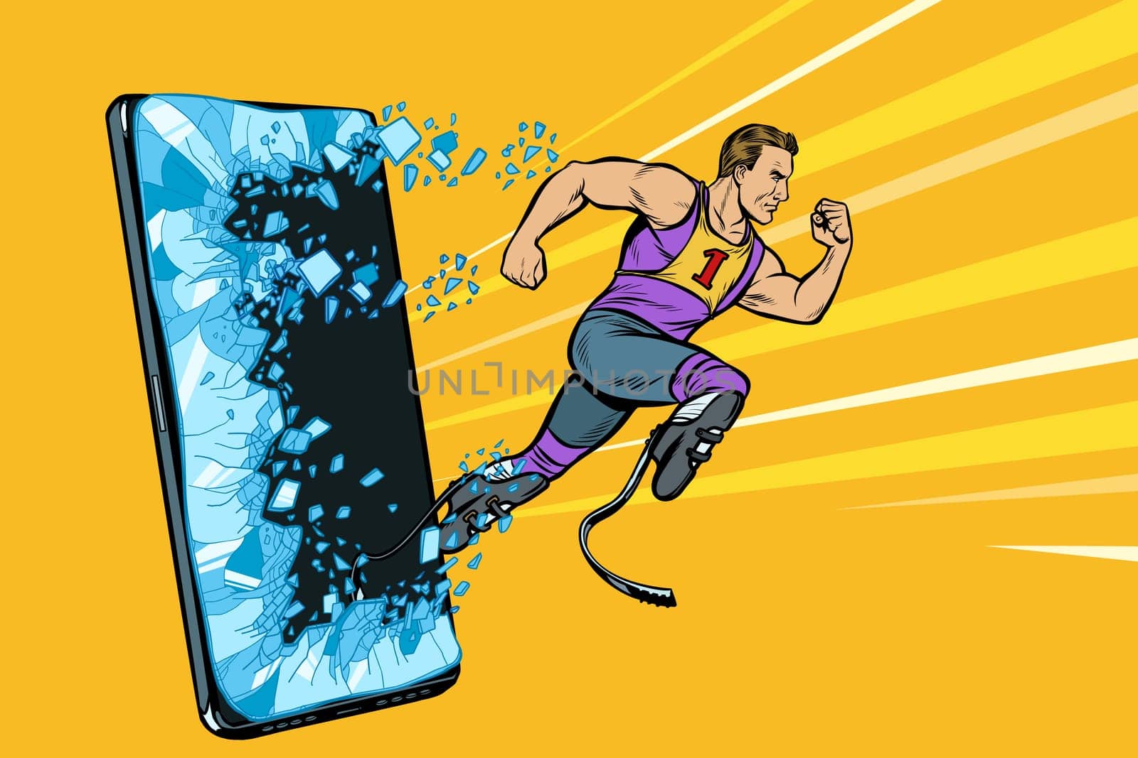 legless male athlete running with a prosthetic. Phone gadget smartphone. Online Internet application service program. Pop art retro vector illustration drawing vintage kitsch