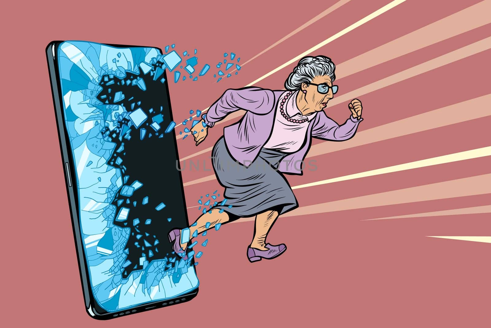 female retired lady and new technology concept. grandmother punches the screen of the smartphone and goes online. Phone gadget smartphone. Online Internet application service program. Pop art retro vector illustration drawing vintage kitsch