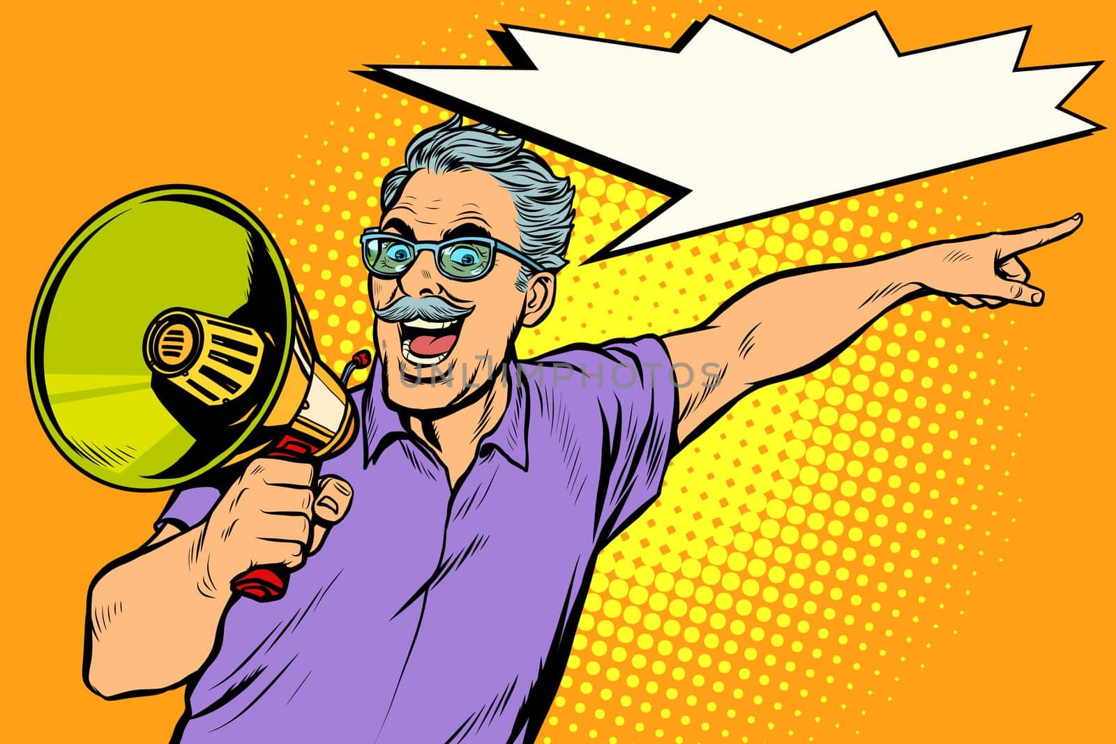 an elderly man with a megaphone. Pop art retro vector illustration drawing vintage kitsch