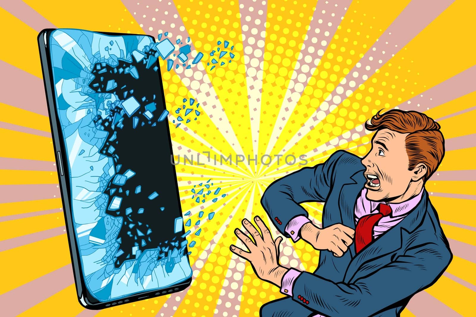 scared man businessman and smartphone Internet online. Pop art retro vector illustration drawing vintage kitsch