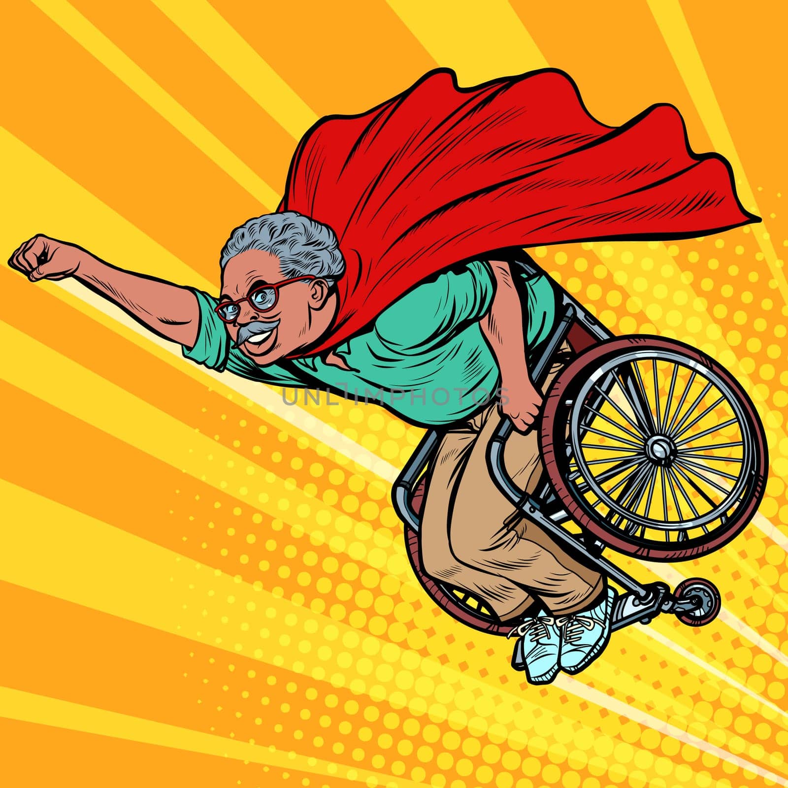 african man retired superhero disabled in a wheelchair. Health and longevity of older people. Pop art retro vector illustration drawing vintage kitsch