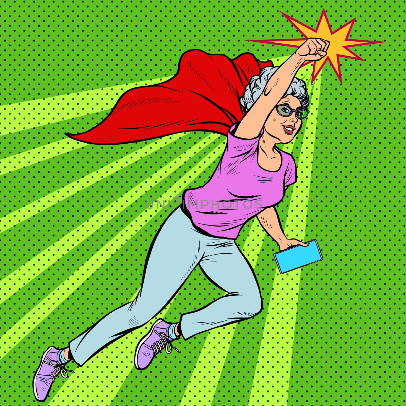 Woman grandmother superhero flying active strong pensioner elderly lady. Pop art retro vector illustration drawing vintage kitsch