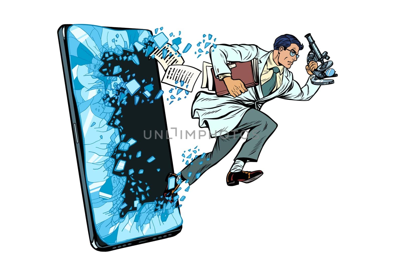 a male scientist with a microscope. Phone gadget smartphone. Online Internet application service program. Pop art retro vector illustration drawing vintage kitsch