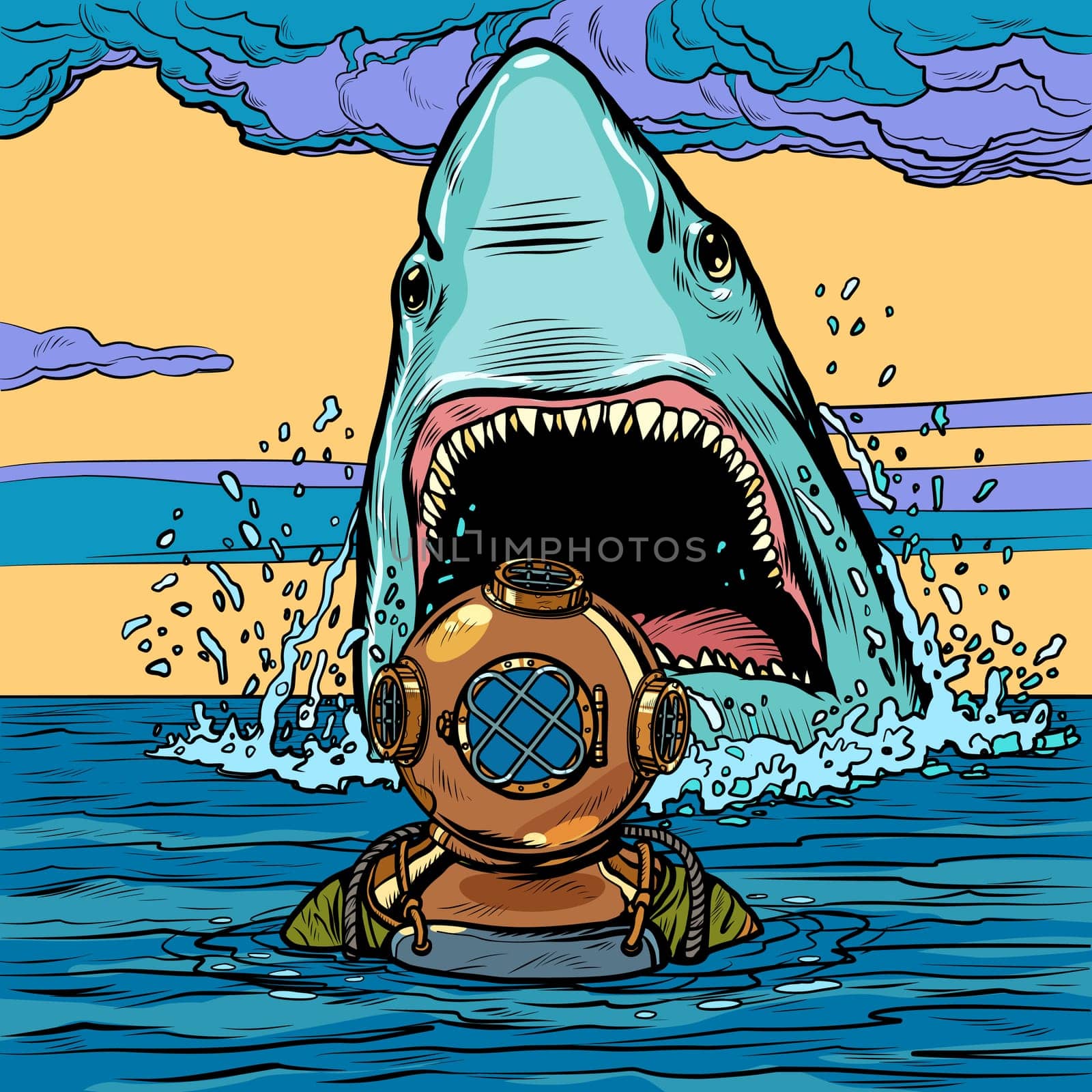 shark attack on diver. Pop art vector illustration drawing