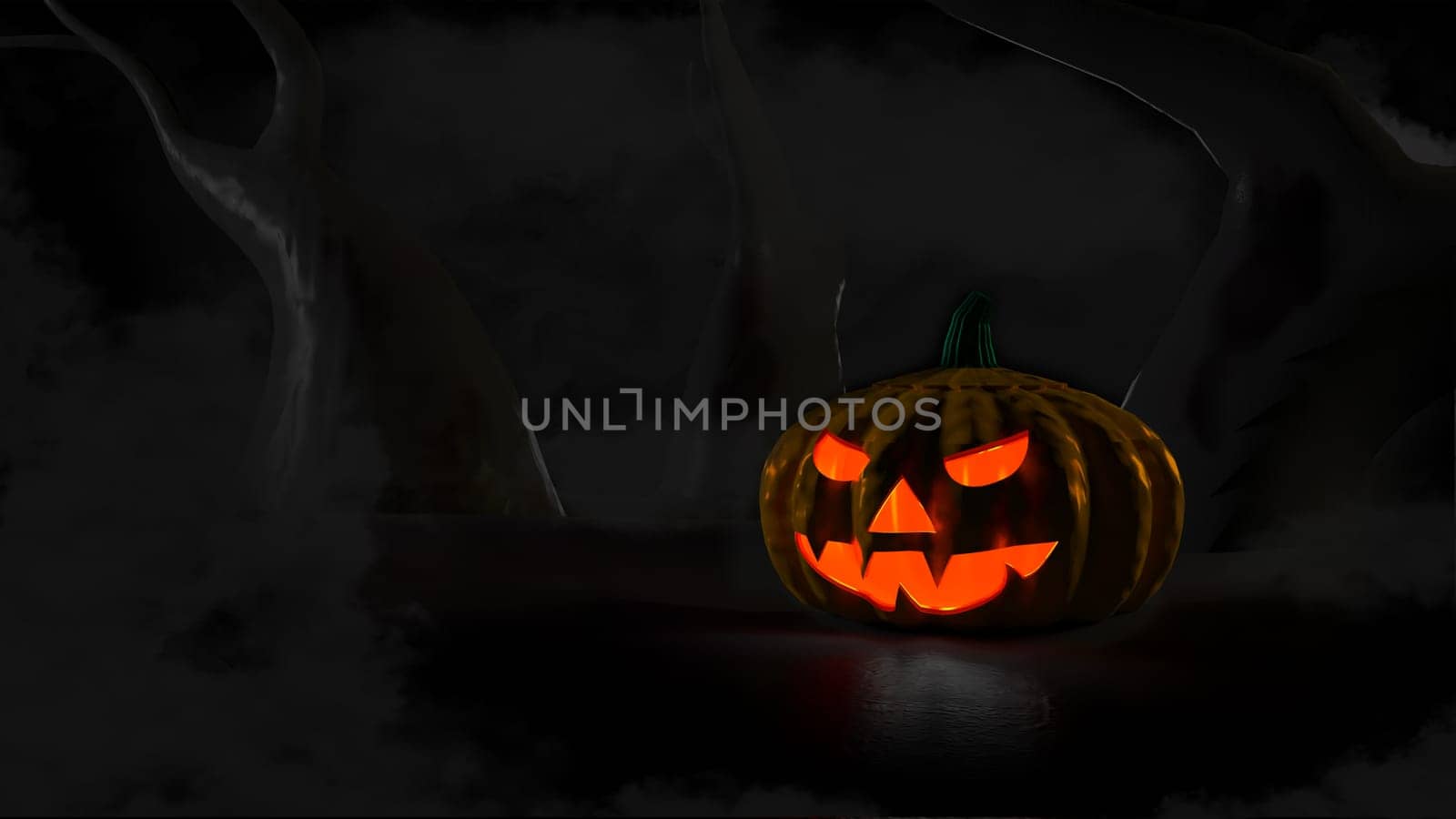 3D illustration, 3D rendering, Devil Pumpkin in the Dark Forest