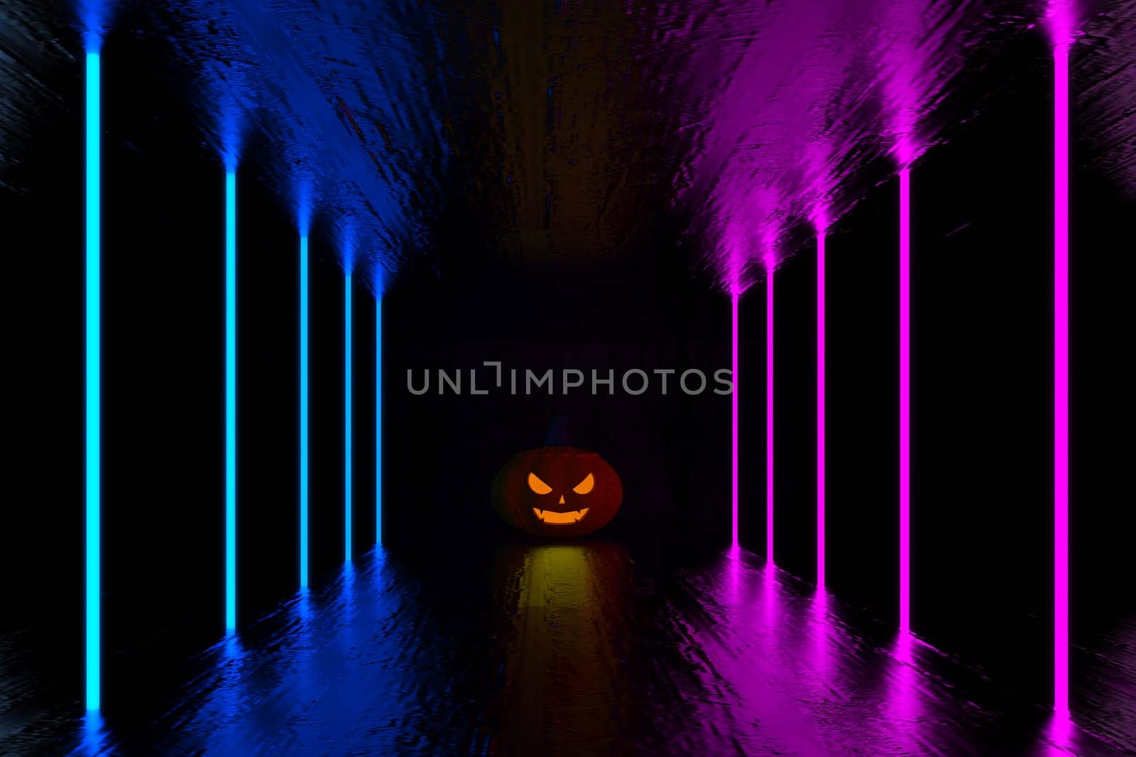 3D illustration, 3D rendering, The head of a scary demon pumpkin Decorated with lights on the wooden floor