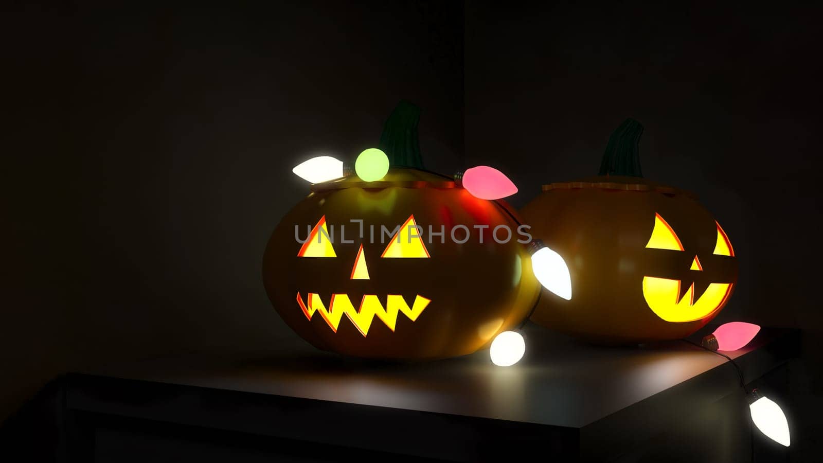 3D illustration, 3D rendering, The head of a scary demon pumpkin Decorated with lights on a wooden table