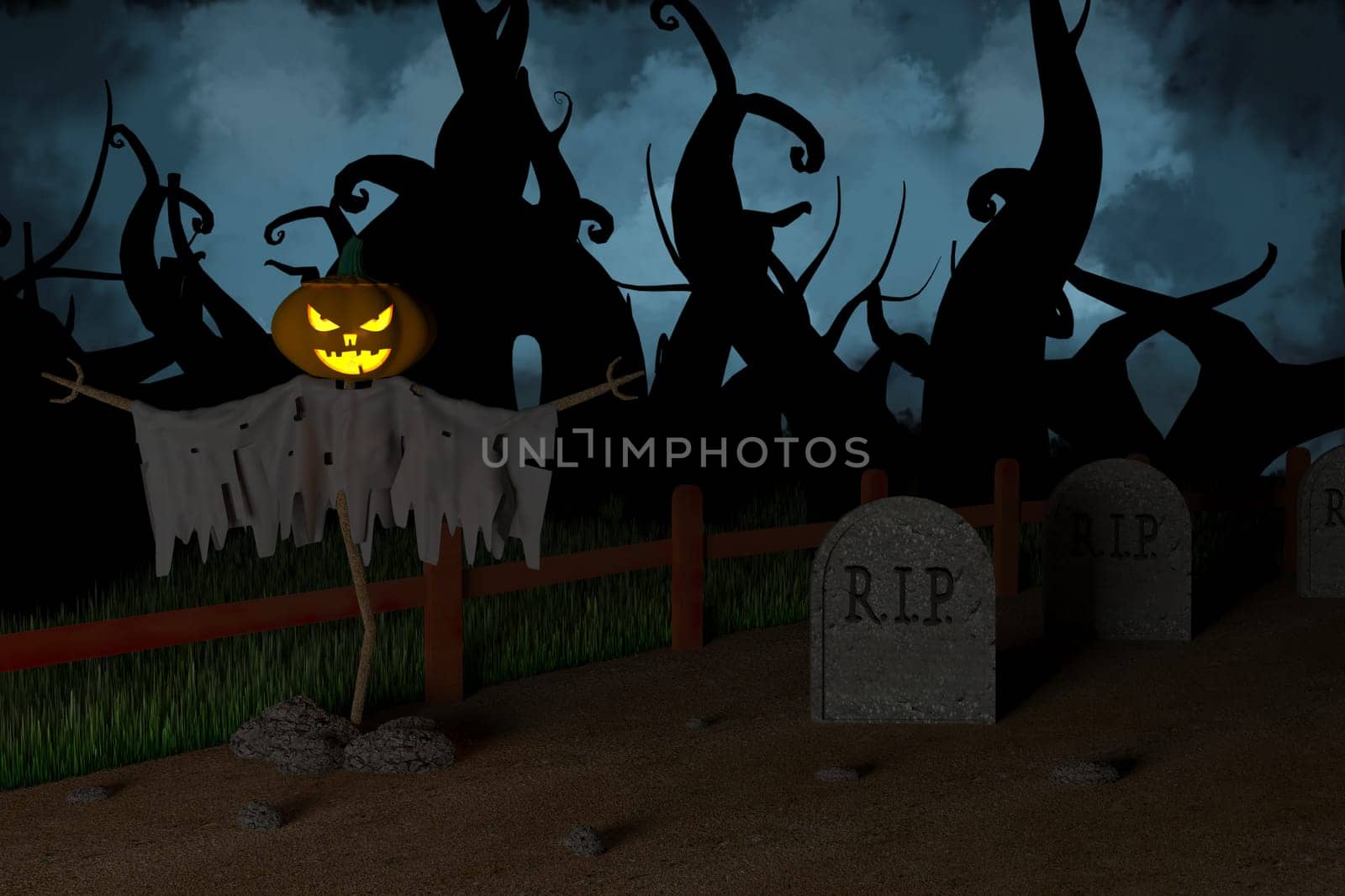 3D illustration, 3D rendering, Devil Pumpkin head in the Dark Cemetery