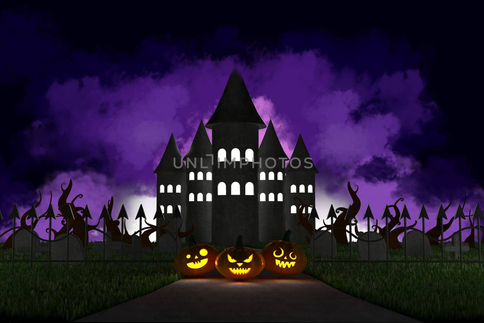 3D illustration, 3D rendering, Devil Pumpkin and Haunted Castle