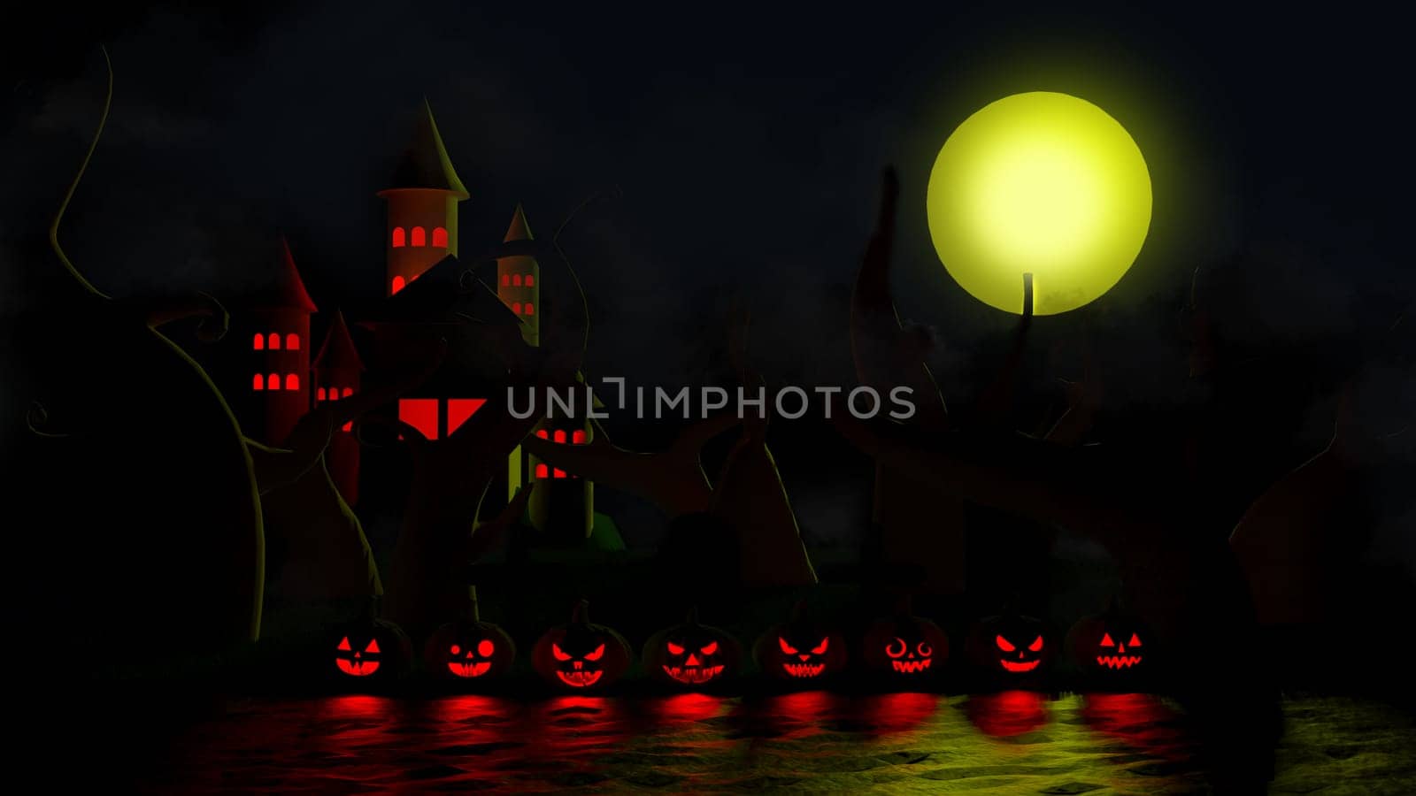 3D illustration, 3D rendering, Devil Pumpkin and Haunted Castle