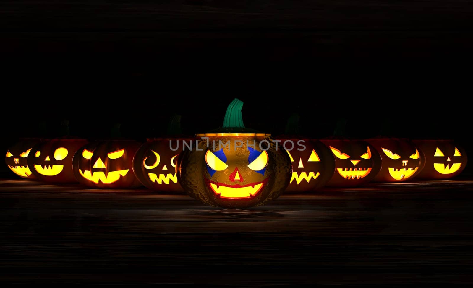 3D illustration, 3D rendering, The head of many scary devil pumpkins