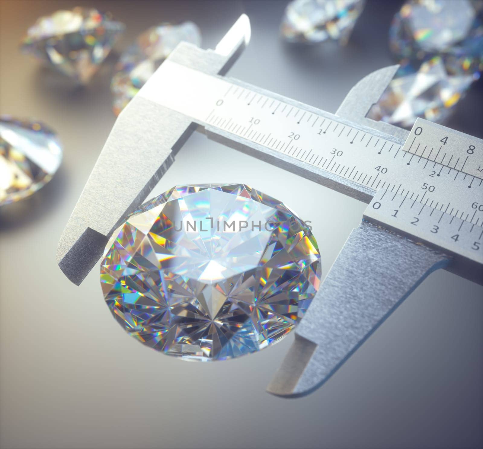 3D illustration of a huge diamond being measured by a caliper. Concept image of wealth and luxury.