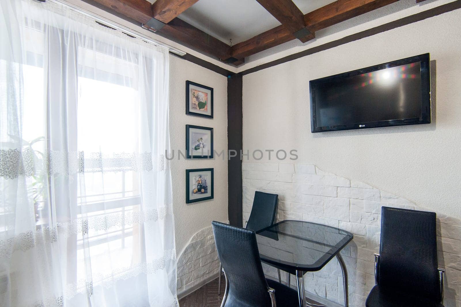 Russia, Moscow- May 16, 2019: interior room apartment. standard repair decoration in hostel. kitchen and dining room