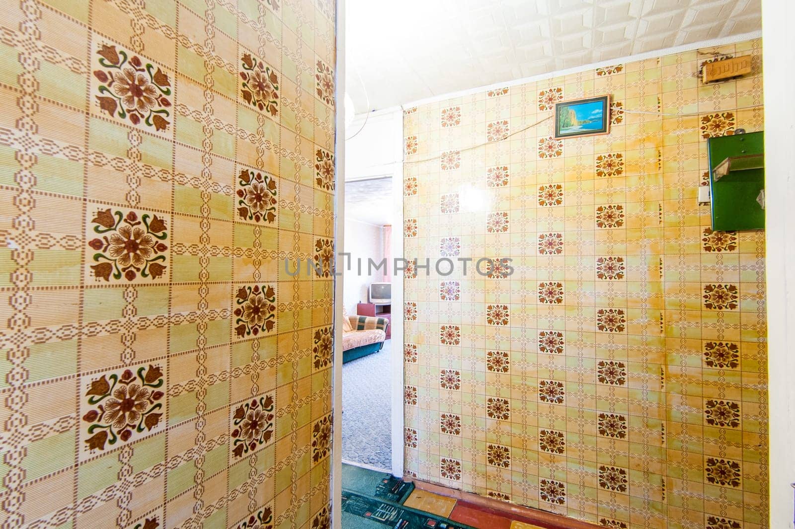 Russia, Moscow- May 16, 2019: interior room apartment. standard repair decoration in hostel. old not modern decor