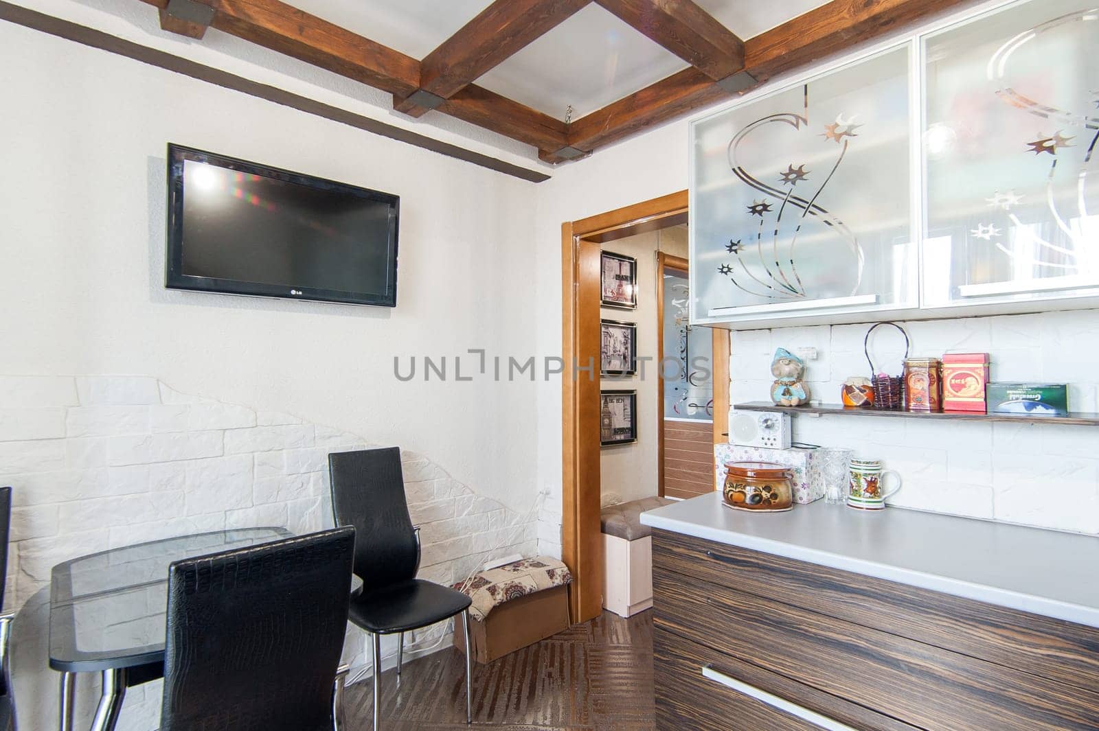 Russia, Moscow- May 16, 2019: interior room apartment. standard repair decoration in hostel. kitchen and dining room