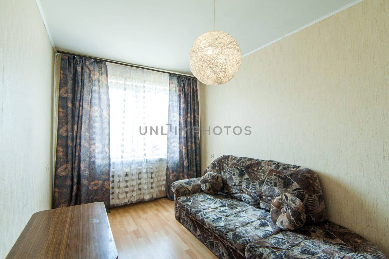 Russia, Moscow- May 16, 2019: interior room apartment. standard repair decoration in hostel. old not modern decor