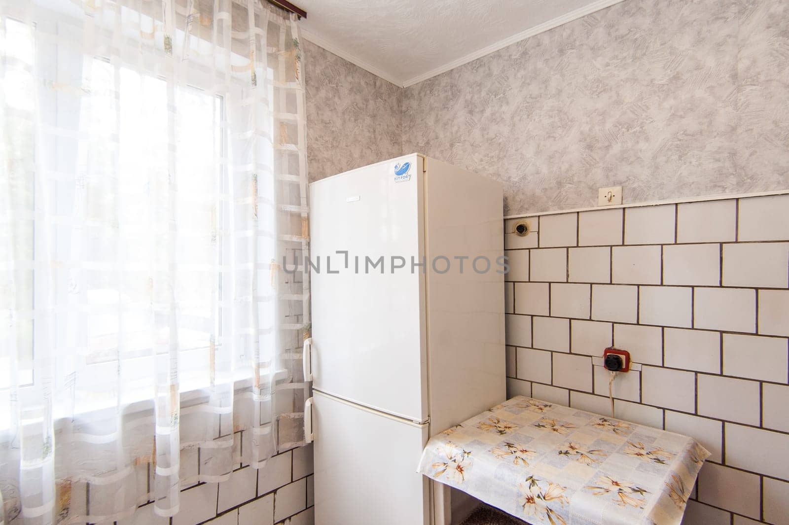 Russia, Moscow- May 16, 2019: interior room apartment. standard repair decoration in hostel. kitchen and dining room