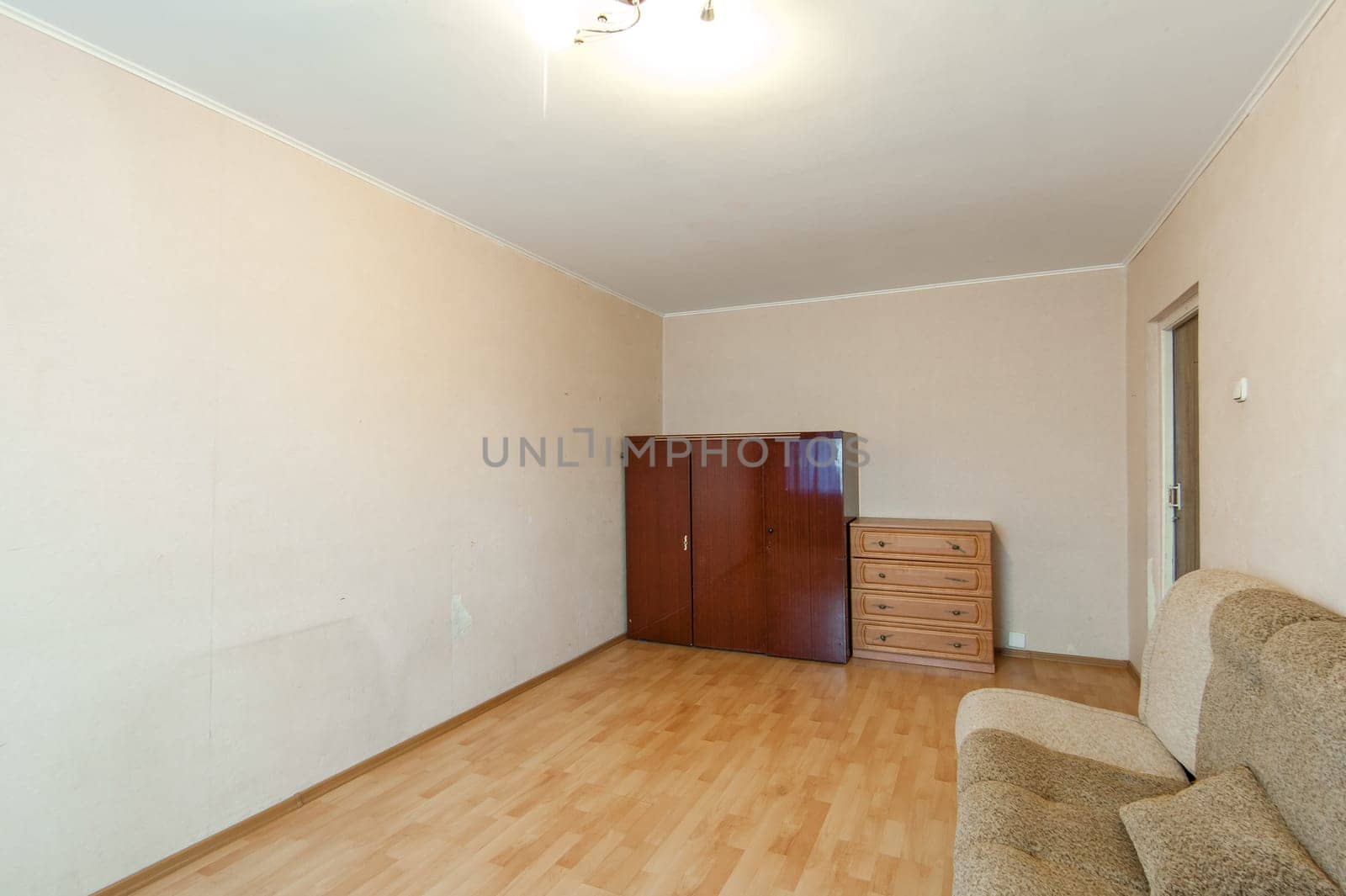Russia, Moscow- May 16, 2019: interior room apartment. standard repair decoration in hostel. old not modern decor