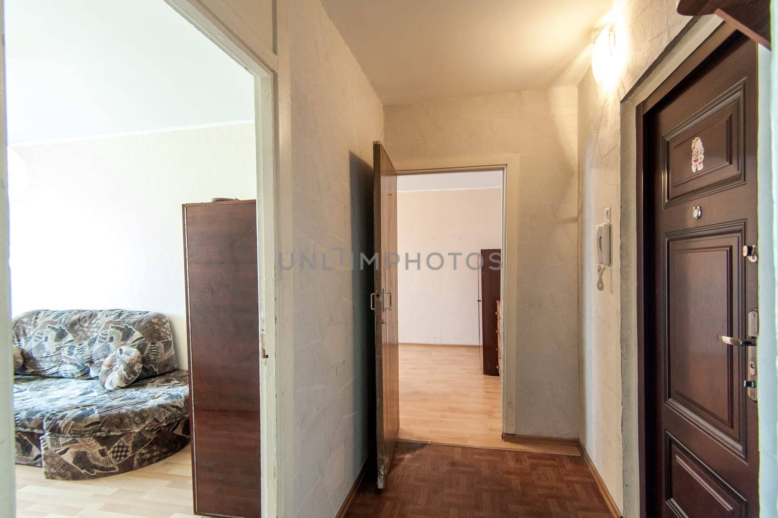 Russia, Moscow- May 16, 2019: interior room apartment. standard repair decoration in hostel. old not modern decor