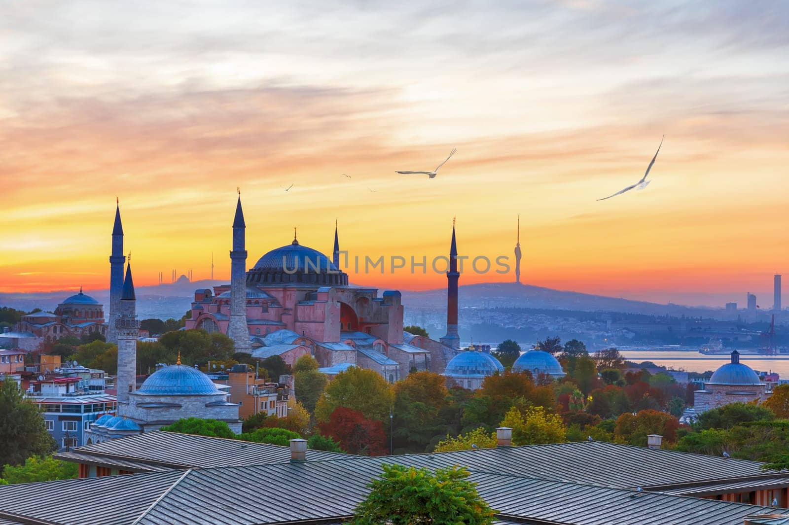 Hagia Sophia and the asian side of Istanbul on the background, sunset view.