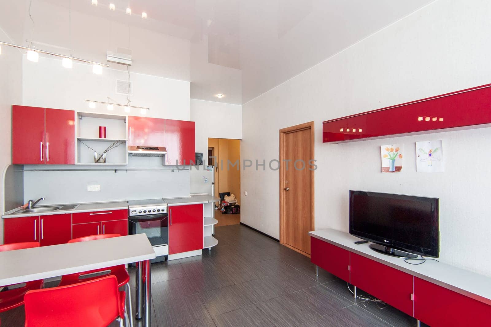 Russia, Moscow- May 16, 2019: interior room apartment. standard repair decoration in hostel. kitchen and dining room