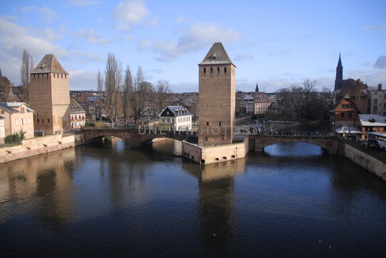 Strasbourg towers with winter snow in France