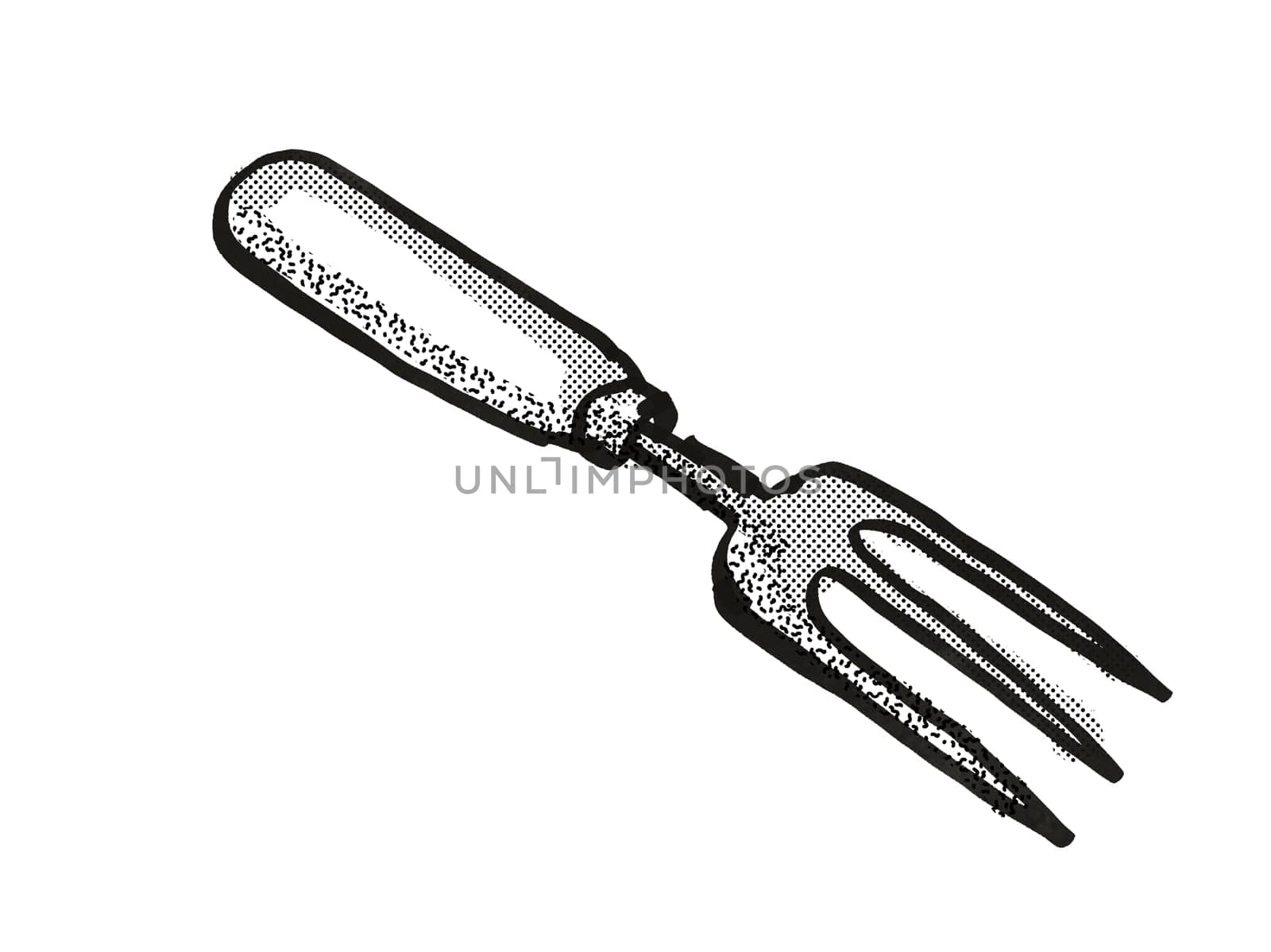 Retro cartoon style drawing of a hand fork , a garden or gardening tool equipment on isolated white background done in black and white