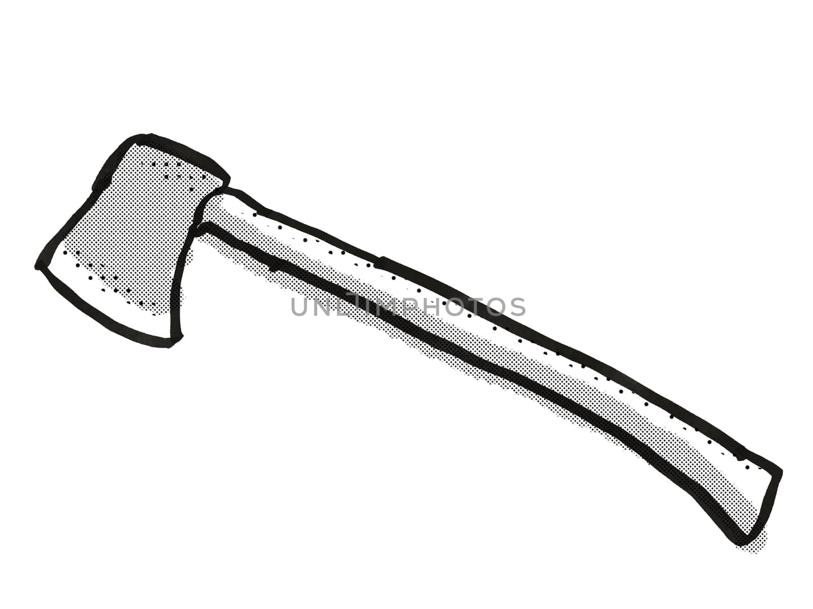 Retro cartoon style drawing of a splitting axe, a garden or gardening tool equipment on isolated white background done in black and white