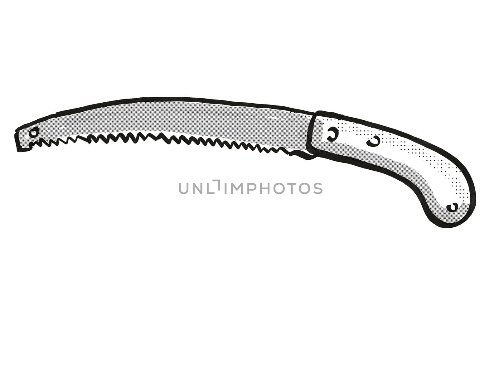 Retro cartoon style drawing of a pruning saw, a garden or gardening tool equipment on isolated white background done in black and white