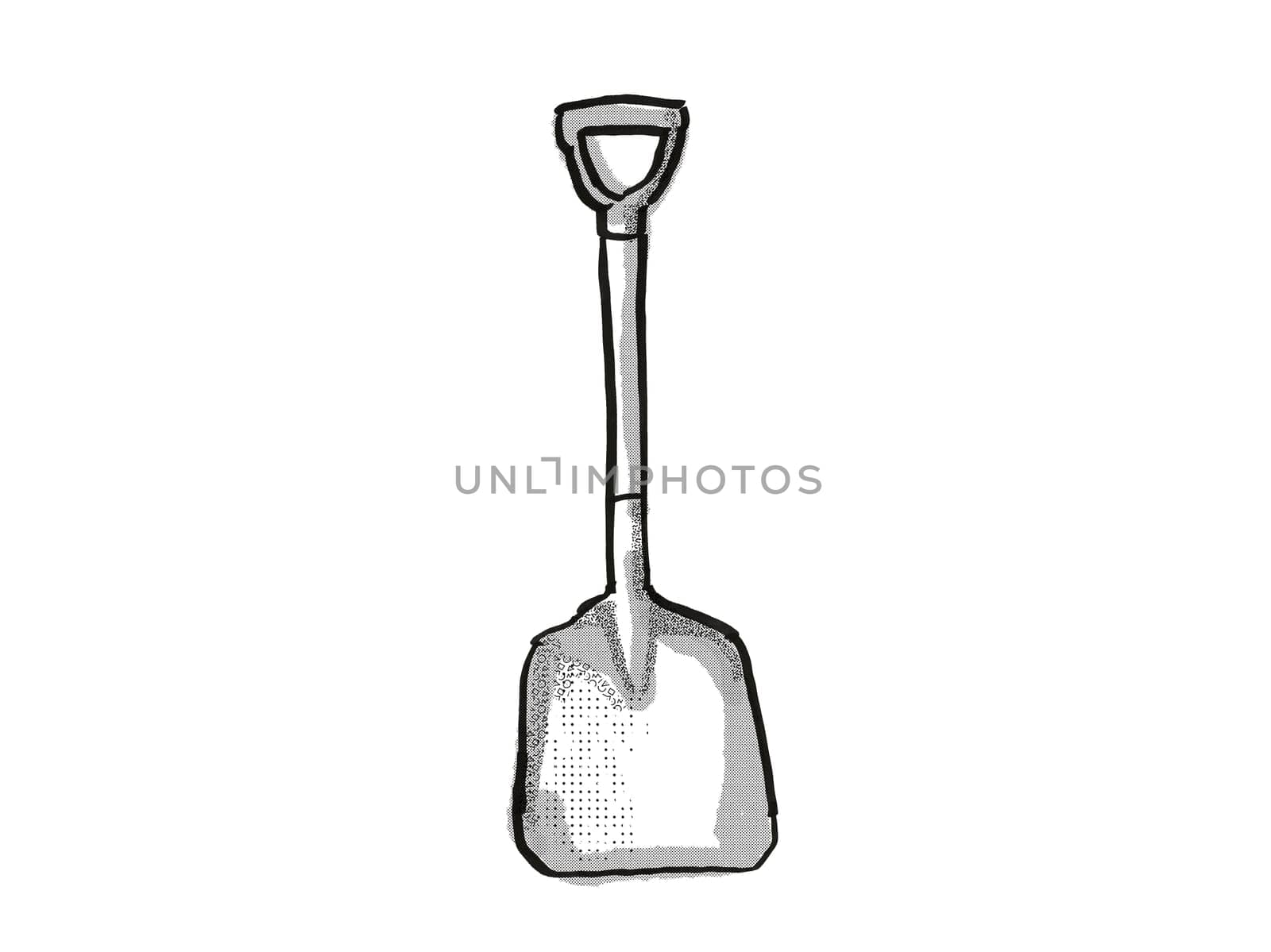 Retro cartoon style drawing of a D-Handle scoop , a garden or gardening tool equipment on isolated white background done in black and white