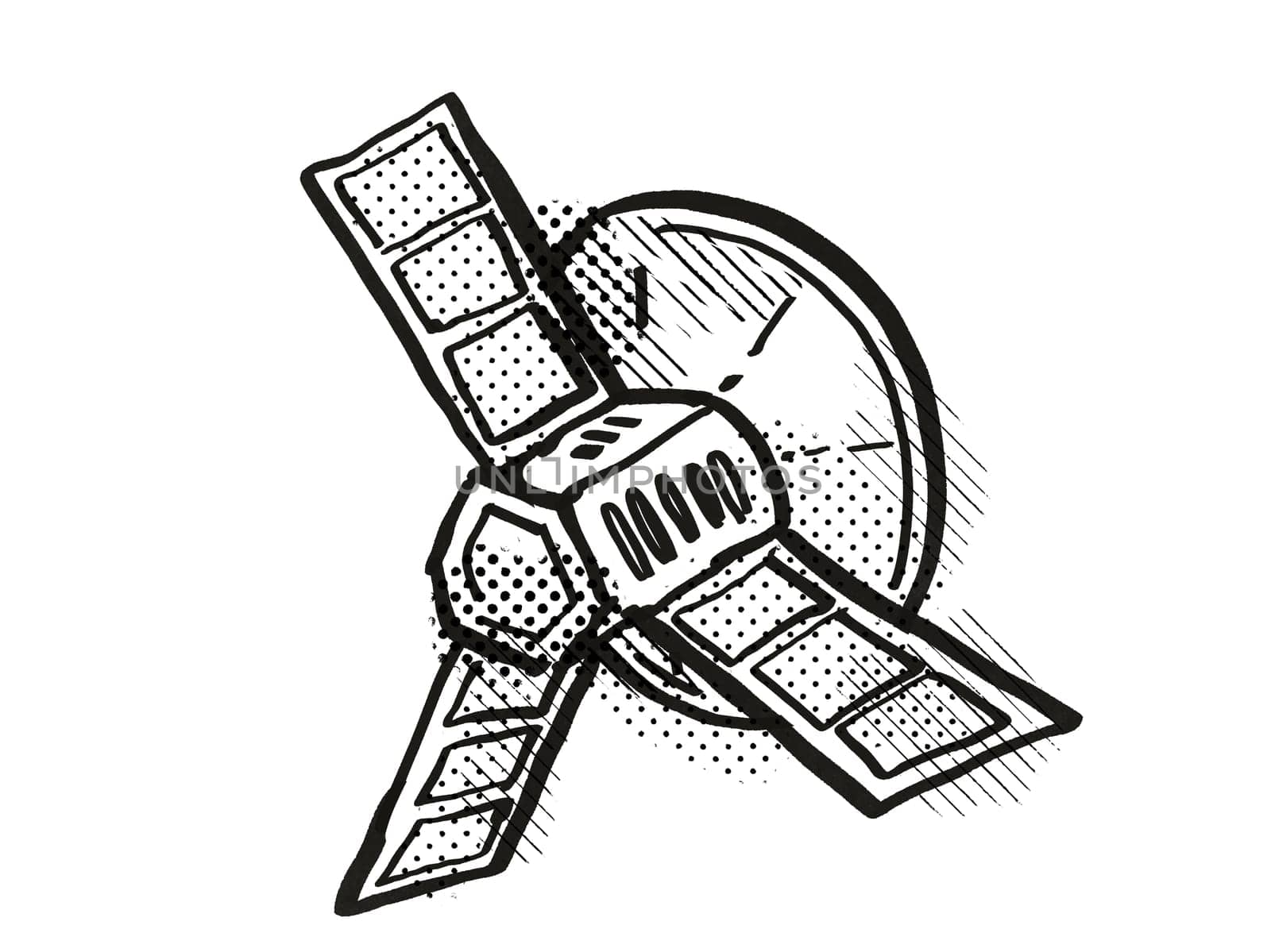 Retro cartoon style drawing of a vintage spaceprobe or space satellite on isolated white background done with half-tone dots in black and white.