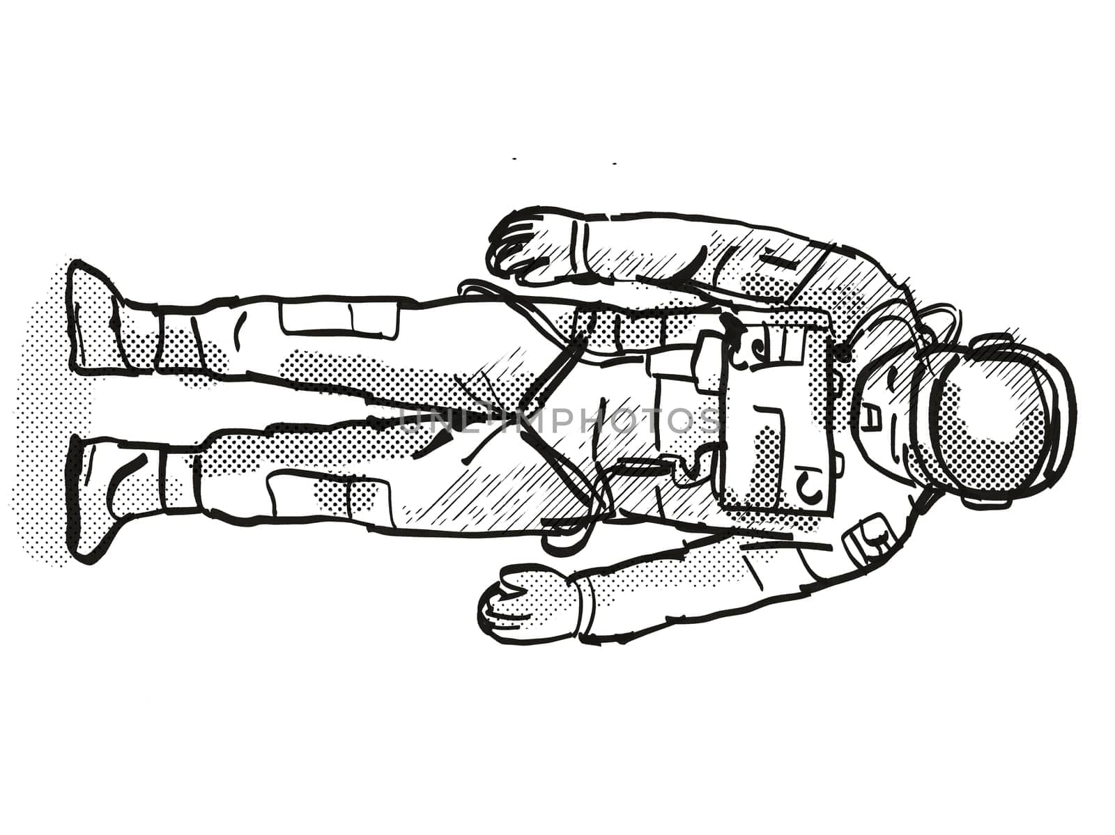 Retro cartoon style drawing of a vintage astronaut or spaceman wearing spacesuit viewed from front on isolated white background done with half-tone dots in black and white.
