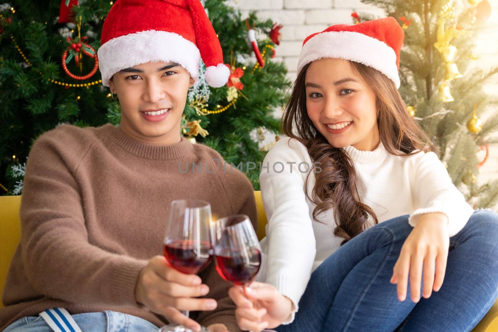 Young asian adult teenager couple celebrateing christmas holiday with wine together in living room with christmas tree decoration.