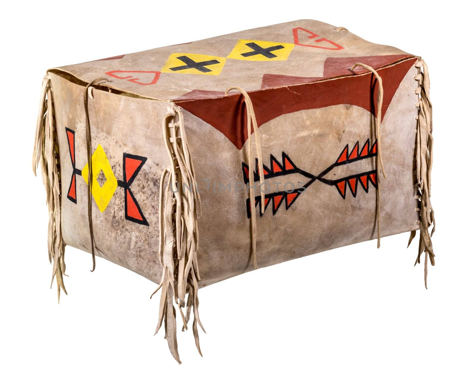 Transport box made of rawhide indian painted with leather cords isolated on white