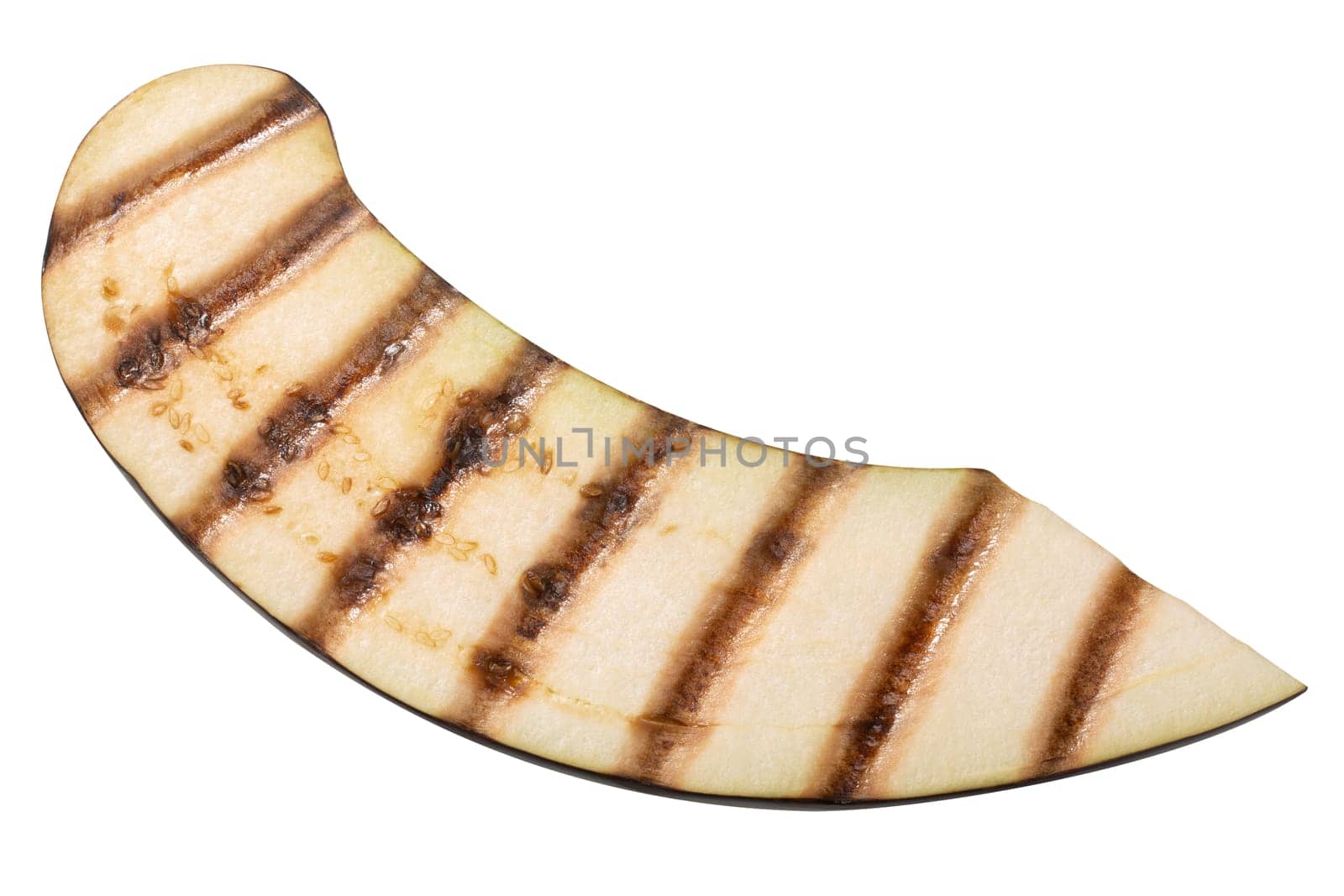 Grilled aubergine slice with grill streaks, isolated, top view
