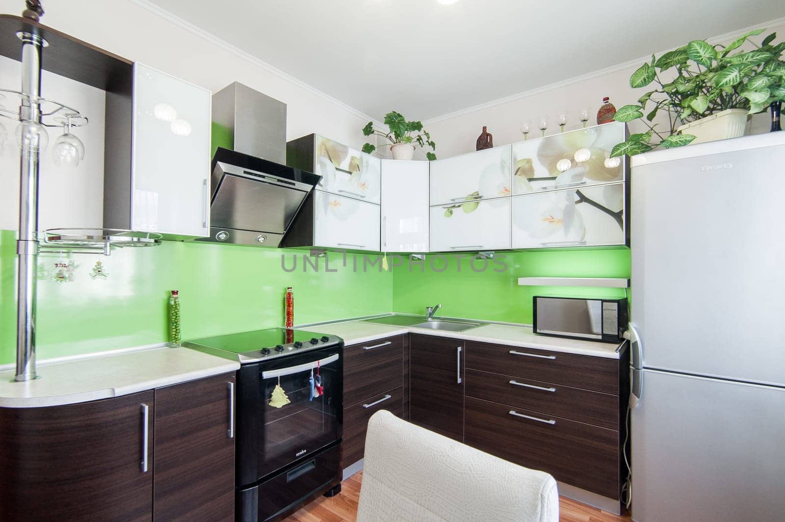 Russia, Moscow- May 17, 2019: interior room apartment. standard repair decoration in hostel. kitchen and dining room