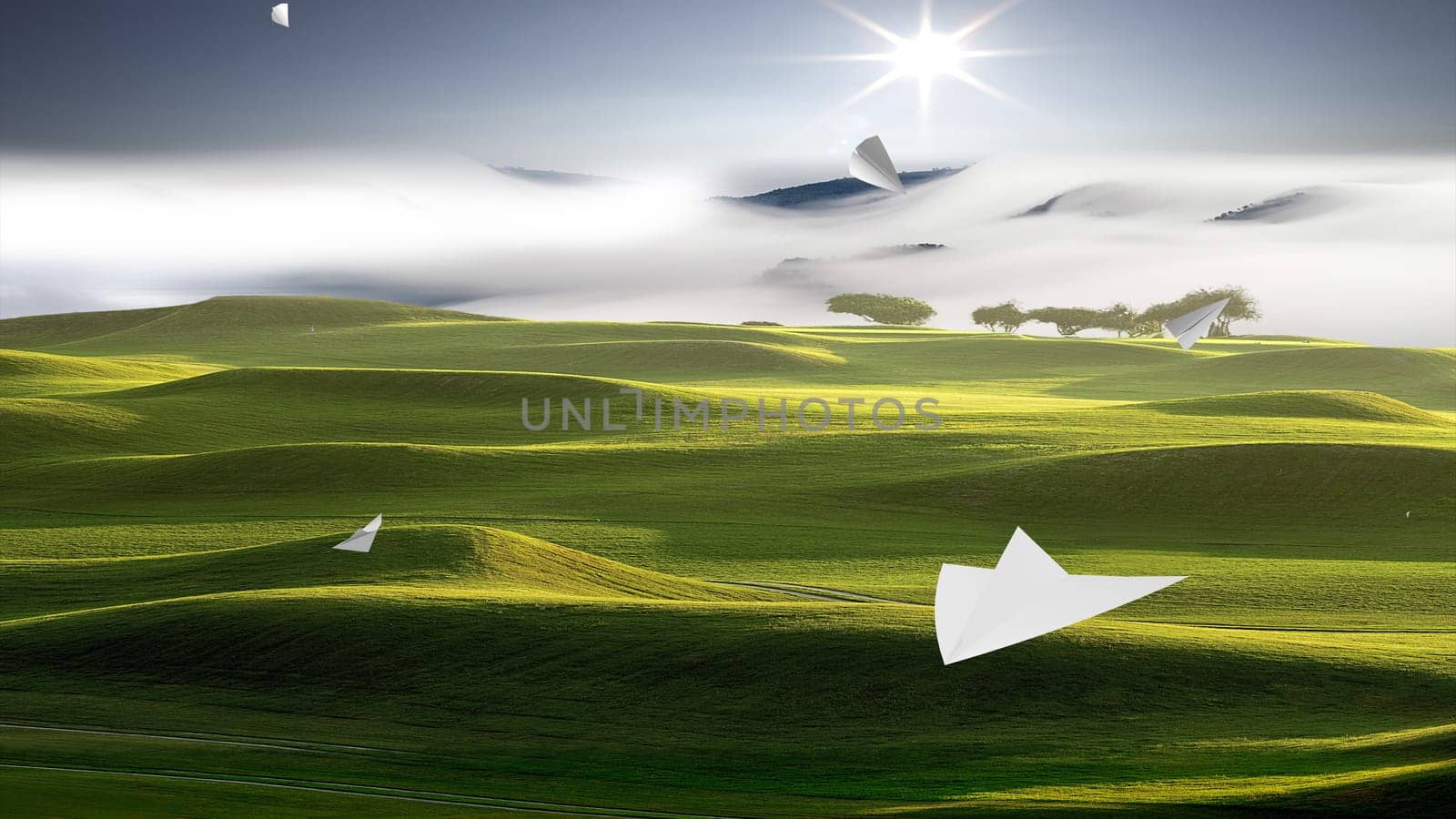 The 3d rendering of Paper airplane flying on sky background