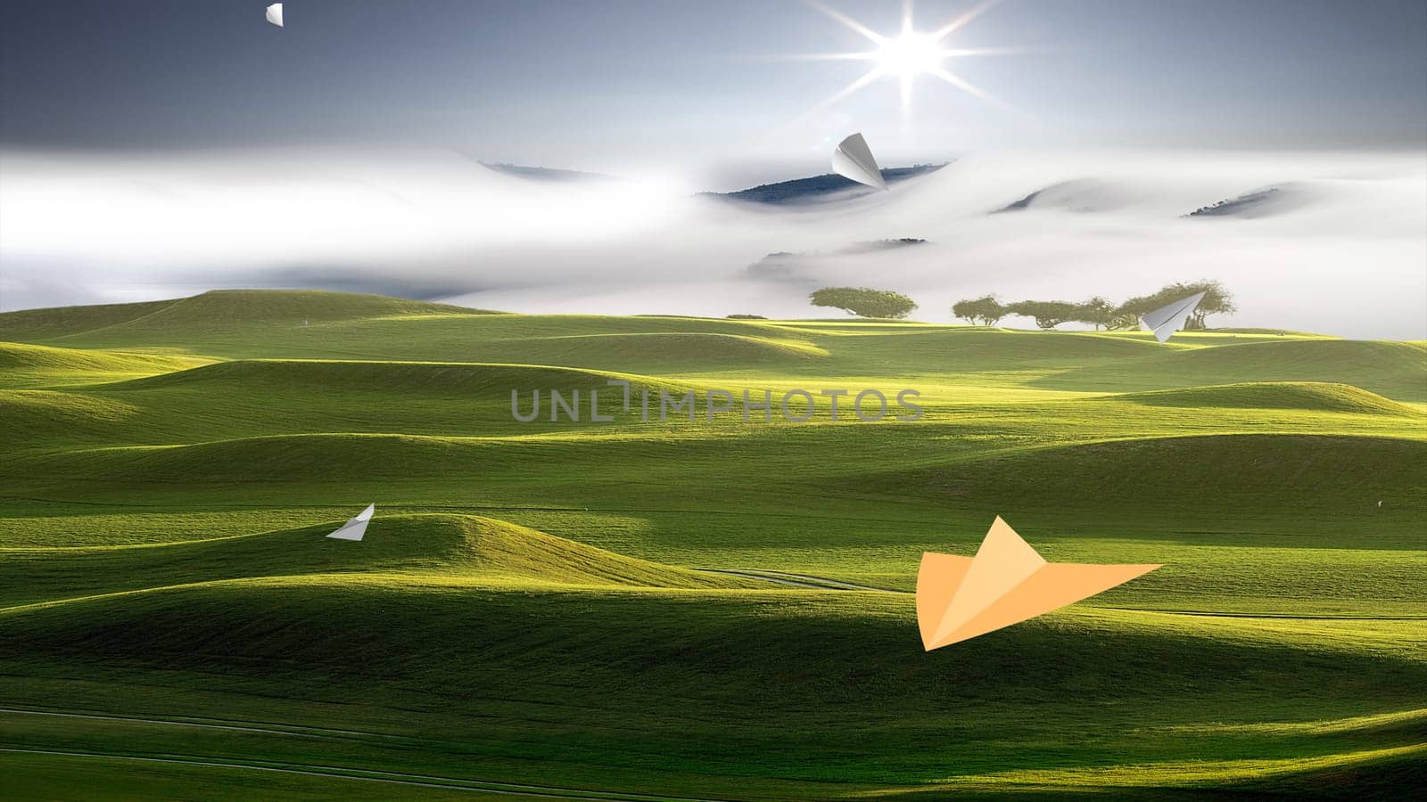 The 3d rendering of Paper airplane flying on sky background
