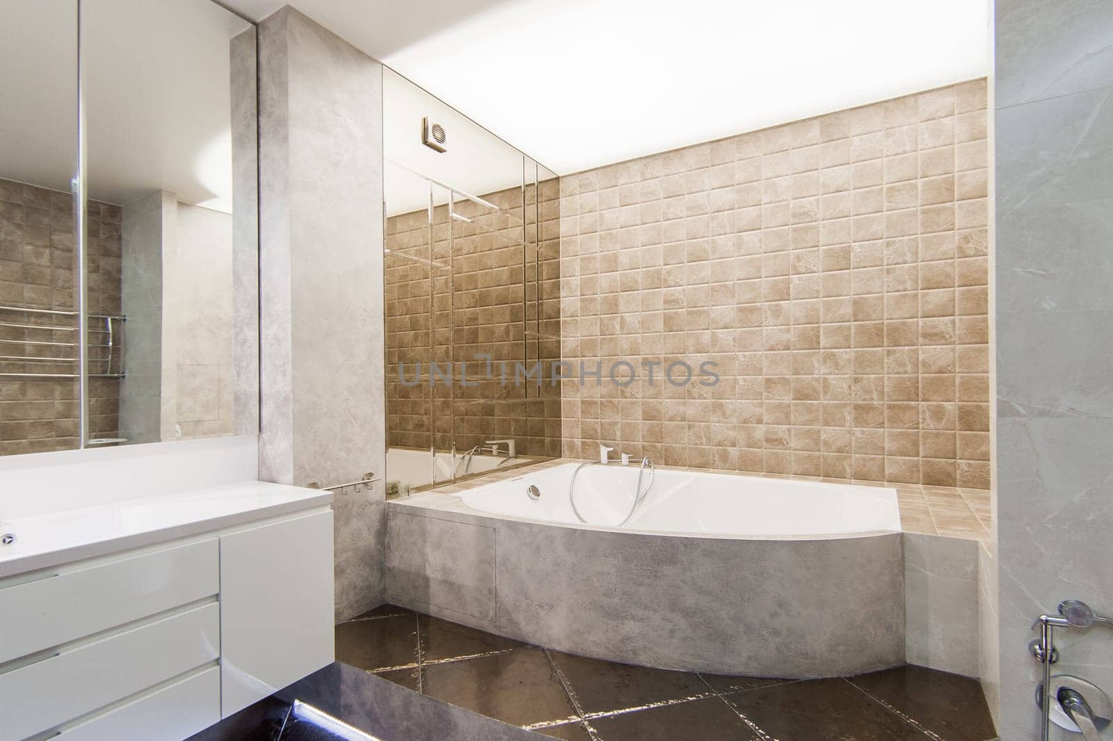Russia, Moscow- May 20, 2019: interior room apartment. standard repair decoration in hostel. modern bathroom, sink, decoration elements, toilet.
