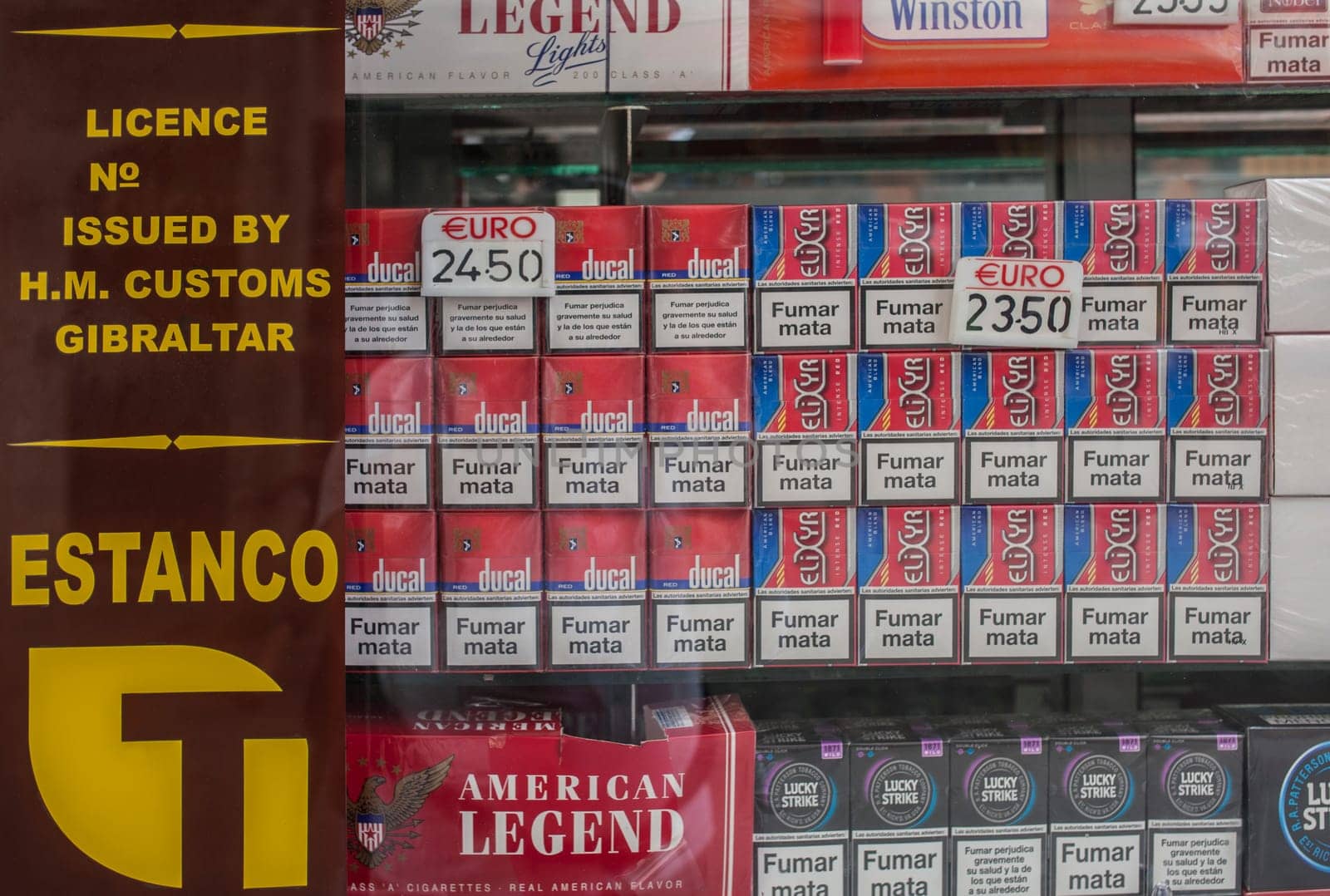 Gibraltar, UK - July 27th 2019: Duty free tobacco shop in Gibraltar. Cigarettes are 40% cheaper than they are in Spain and a third of the price in the UK