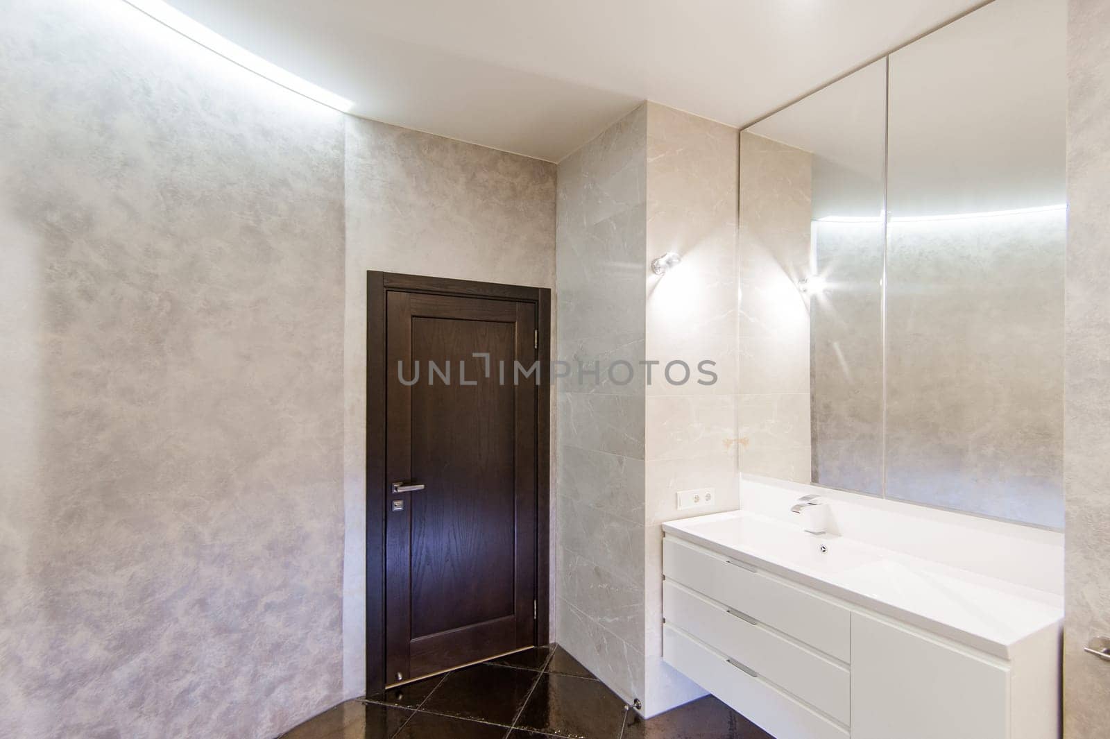 Russia, Moscow- May 20, 2019: interior room apartment. standard repair decoration in hostel. modern bathroom, sink, decoration elements, toilet.