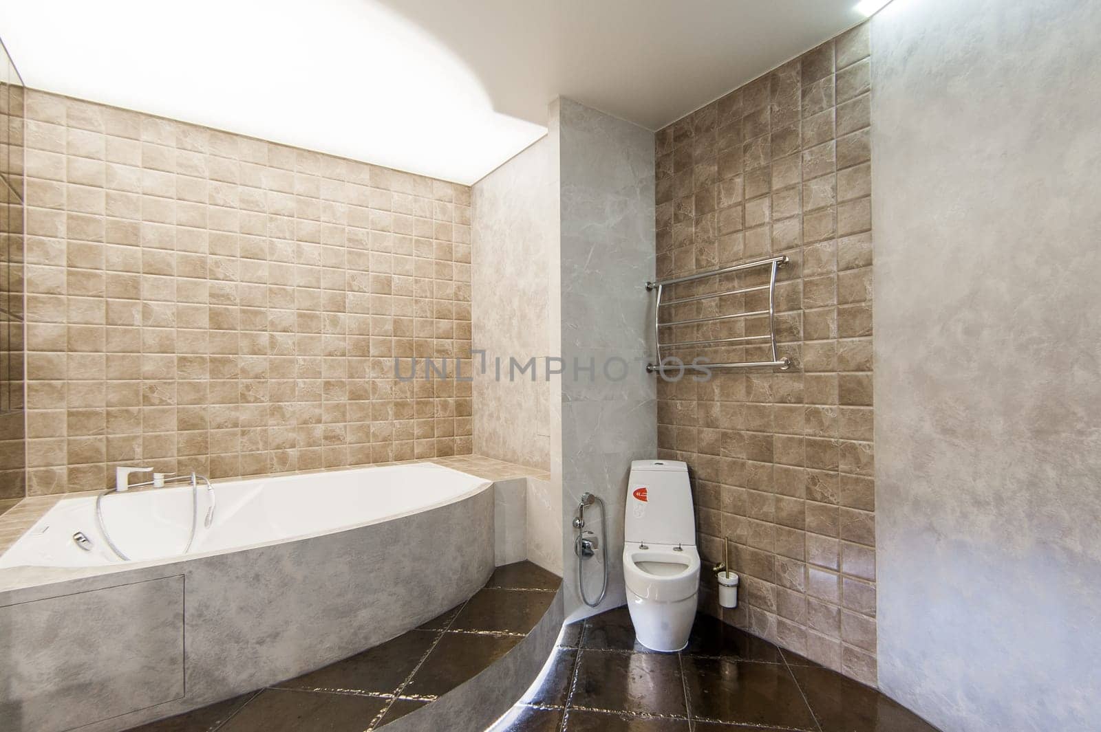 Russia, Moscow- May 20, 2019: interior room apartment. standard repair decoration in hostel. modern bathroom, sink, decoration elements, toilet.
